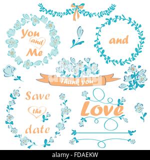 Hochzeits-romantische Kollektion mit handgezeichneten Blumen und florale Bordüren. Laurel, Kranz und Band isoliert auf weißem Hintergrund. Stock Vektor