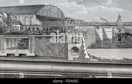 Shematical Querschnittsansicht des Thames Embankment, 1867, 19. Jahrhundert, London, England Stockfoto