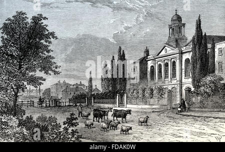 Turnpike in Hampstead Road im Jahr 1820 St. James Church, 19. Jahrhundert, London, England Stockfoto