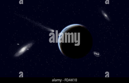 Ein Komet, vorbei an einem fremden Planeten. Stockfoto