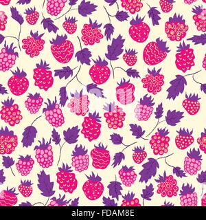 Nahtlose Muster mit Himbeeren im Cartoon-Stil. Handgezeichnete Design für Dankeschön-Karte, Grußkarte oder Einladung oder Stoff. Stock Vektor