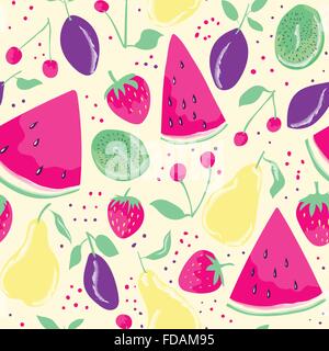 Nahtlose Muster mit Sommerfrüchten und Beeren im Cartoon-Stil. Wassermelone-Scheiben-Hintergrund. Handgezeichneten Entwurf für Stoff, w Stock Vektor