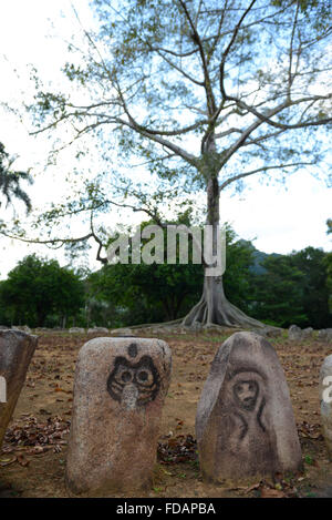 Felsen mit Petroglyphen in Caguana Eingeborene zeremonielle Mitte geschnitzt. Utuado, Puerto Rico. Karibik-Insel. US-Territorium. Stockfoto