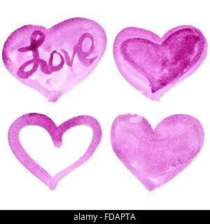 Satz von rosa Aquarell Herzen auf dem weißen Hintergrund isoliert Stockfoto