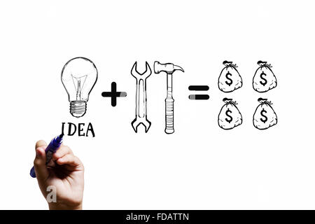 Nahaufnahme von Geschäftsmann Zeichnung Geldverdienen Formel Stockfoto