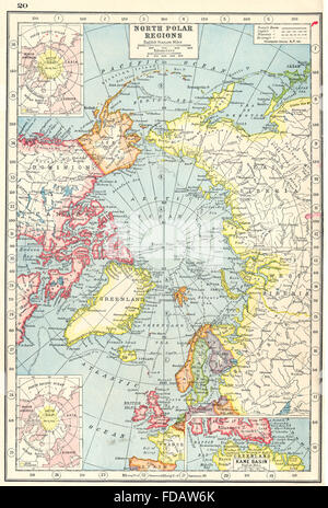 Arktis: Nordpol zeigt Entdecker-Routen. Inset Kane Becken, 1920 alte Karte Stockfoto