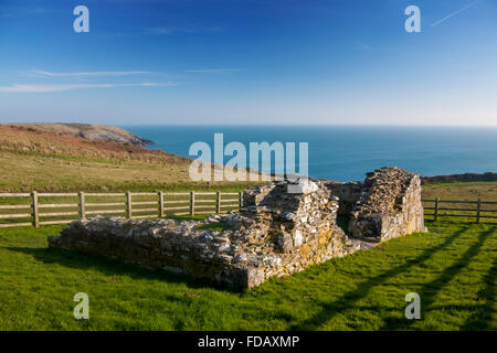 St Non Kapelle Ruine ruiniert bleibt Küste im Hintergrund in der Nähe von St. David's Pembrokeshire Wales UK Stockfoto