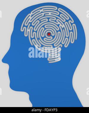Gehirn-förmigen Labyrinth in einem Kopf im Profil, Seitenansicht Stockfoto