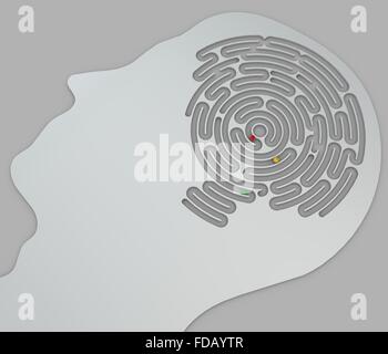 Gehirn-förmigen Labyrinth in einem Kopf im Profil, Seitenansicht. Abschnitt ein Gehirn-förmigen Labyrinth Stockfoto