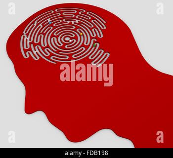 Gehirn-förmigen Labyrinth in einem Kopf im Profil, Seitenansicht. Abschnitt ein Gehirn-förmigen Labyrinth Stockfoto