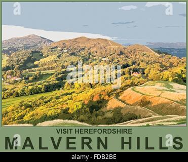 Ein Plakat Stil Interpretation die Malvern Hills aus britischen Lager, Worcestershire, England. UK Stockfoto