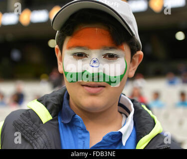 Melbourne, Australien. 29. Januar 2016. Ein indischer Fan im Melbourne Cricket Ground während der Twenty20 International Series zwischen Australien und Indien an der Melbourne Cricket Ground in Melbourne. Indien gewann die Serie 2: 0 Gutschrift: Action Plus Sport/Alamy Live News Stockfoto