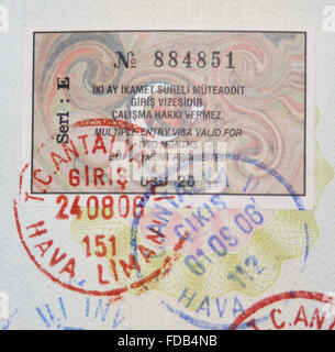 Close-up türkischen 2006 Jahr Visa und Zoll Briefmarken Stockfoto