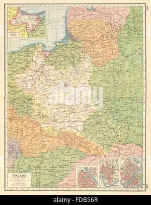 Polen: Einschub Pläne von Danzig-Danzig-Warschau-Krakau-Cracow.East Preußen, 1920-Karte Stockfoto