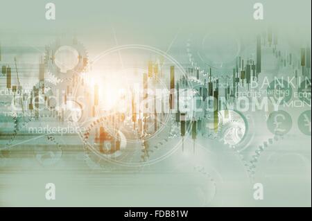 Weltwirtschaft abstrakten Hintergrund. Welt Wirtschaft Mechanismus konzeptionellen Hintergrund Illustration mit Stats, Trading Kompass-Rose Stockfoto