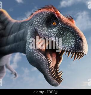 Tyrannosaurus Rex-Kopf, Abbildung. Dieser Dinosaurier lebten vor etwa 70 Millionen Jahren bis zum Aussterben der Dinosaurier etwa 5 Millionen Jahre später in Nordamerika. Der Kopf ist stark gebaut, um Auswirkungen mit Beutetieren, zu widerstehen und hat die scharfe Zähne ein Raubtier. T. wird Rex gedacht, um eine Schnitzeljagd sowie ein Jäger gewesen sein. Unter den größten fleischfressenden Dinosaurier T. Rex war bis zu 6 Meter hoch und wog mehr als 7 Tonnen. Das Tier ist mit braunen Federn dargestellt, obwohl spekulativ, ob es ihnen im realen Leben hatte ist. Stockfoto