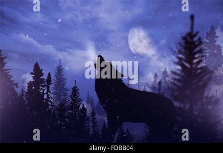 Heulender Wolf in der Wildnis. Berglandschaft mit fallendem Schnee, Mond und die heulenden Alpha-Wolf-Illustration. Stockfoto