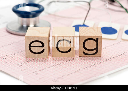 Elektrokardiogramm führt und Druckbuchstaben auf EKG ausdrucken. Stockfoto