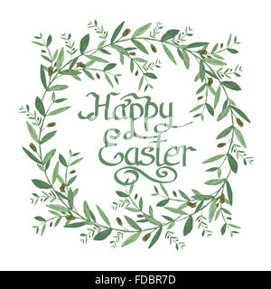 Happy Easter Text in Aquarell Olivenkranz. Isolierte Darstellung auf weißem Hintergrund. Biologische und natürliche Konzept Stockfoto