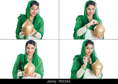1 indischen muslimischen Frau die Münze in gullak Geld sparen Gesichtsausdruck Montage Foto Stockfoto