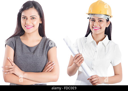 2 indischen erwachsenen Frau Engineer und Business woman ständigen Vergleich Kontrast montage Bild Stockfoto