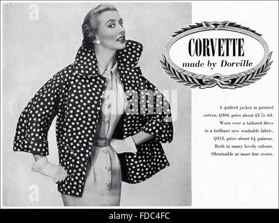 Original Vintage Anzeige aus der 1950er Jahre. Werbung von 1954 Werbung Damenmode Corvette von Dorville gemacht. Stockfoto