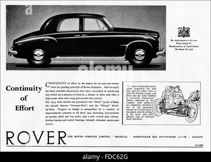 Original Vintage Anzeige aus der 1950er Jahre. Anzeige von 1954 Werbung Rover Neuwagen Stockfoto