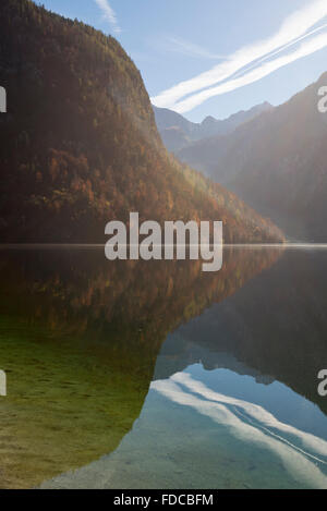 Herbstlichen Wald reflektiert durch ruhige See Königssee in den Berchtesgadener Bergen und Nationalparks, Bayern, Deutschland Stockfoto