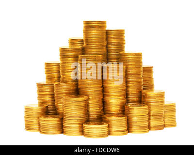 Haufen von Münzen auf dem weißen Hintergrund isoliert. Stockfoto