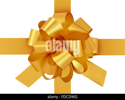 Goldenen Geschenk Bogen mit Band auf dem weißen Hintergrund isoliert. Stockfoto