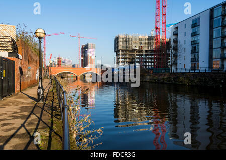 Wilburn St. Becken und Water Street Mehrfamilienhäuser im Bau, von der Uferweg Irwell Salford, Manchester, UK Stockfoto