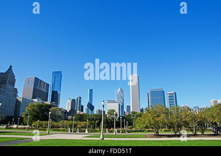 Chicago, Illinois, Vereinigte Staaten von Amerika: Skyline von Grant Park gesehen Stockfoto