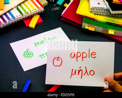 Neue Sprache machen Original Karteikarten zu lernen; Griechisch Stockfoto