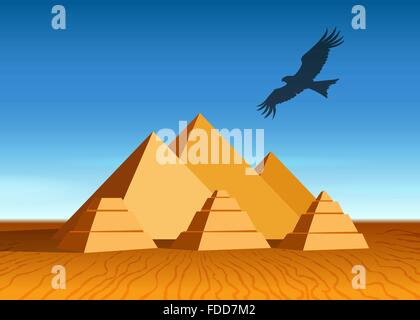 Ägyptische Landschaft mit alten Pyramiden und fliegenden Adler. Stock Vektor