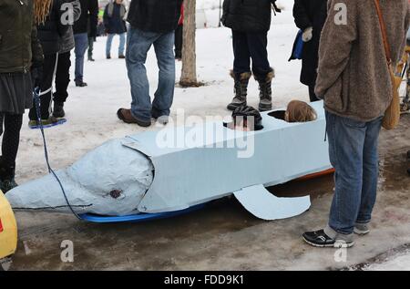 Beiden Konkurrenten warten ihrerseits innerhalb einer benutzerdefinierten Kunst Schlitten bei der Art Schlitten Rally in Minneapolis. Stockfoto