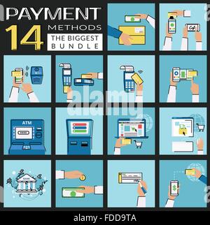 Flache Konzept Vektor-Illustrationen-Set von Zahlungsmethoden wie Kreditkarte, nfc, mobile app, atm, Terminal, Website, per Überweisung, Bargeld und Rechnung Stock Vektor