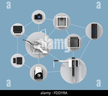 Behandlungsstuhl, CT, Kamera, Scanner, Fräsen, 3D Drucker und CADCAM-Ausrüstung. Konzept für die digitale Zahnmedizin. Stockfoto