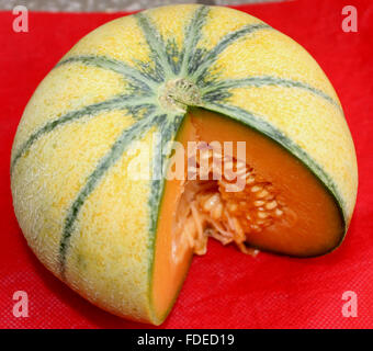 Charentais Melone, Cucumis Melo var. Cantapulensis, kugelförmigen Früchte mit gelben Orangenhaut, grüne Streifen, gelbe süße Fleisch Stockfoto