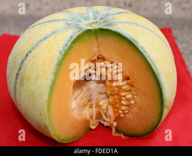 Charentais Melone, Cucumis Melo var. Cantapulensis, kugelförmigen Früchte mit gelben Orangenhaut, grüne Streifen, gelbe süße Fleisch Stockfoto