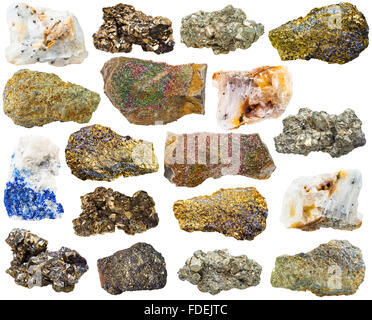 Makroaufnahmen Kollektion Naturstein - verschiedene Pyrit Mineralien Edelsteine isoliert auf weißem Hintergrund Stockfoto