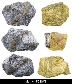 Makroaufnahmen Kollektion Naturstein - Chalkopyrit-Mineralien und Chalkopyrit Kristalle auf Galena Felsen isoliert auf wh Stockfoto