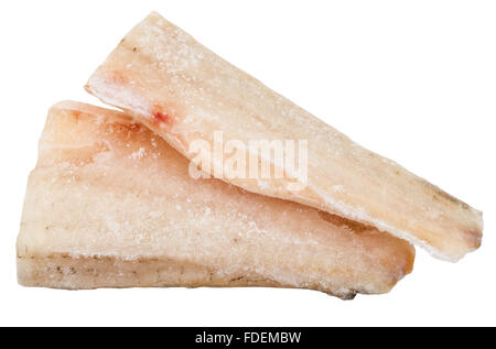 zwei Stücke von gefrorenen Zander (Zander) Fischfilet isoliert auf weißem Hintergrund Stockfoto