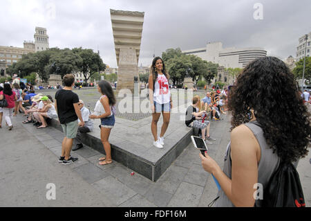 Catalunya Platz. Denkmal für katalanische Politiker Francesc Macià. Bildhauer Josep Maria Subirachs, Barcelona-Katalonien-Spanien Stockfoto