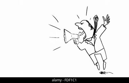 Karikatur von wütenden Geschäftsmann schreiend in Megaphon auf weißem Hintergrund Stockfoto