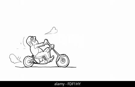 Lustige Karikatur der Biker mit seinem Motorrad Stockfoto