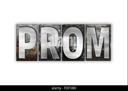Das Wort "Prom" geschrieben in Vintage Metall Buchdruck Typ isoliert auf weißem Hintergrund. Stockfoto