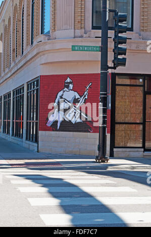 Chicago, Illinois, Vereinigte Staaten von Amerika: Wandmalereien in Chinatown Nachbarschaft, Zebrastreifen und Ampel Stockfoto