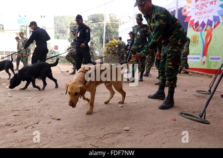 Dhaka, Bangladesch. 31. Januar, 2016. Sicherheit Beamte einschließlich Armee und die Mitglieder der Elite Force Rapid Action Battalion (RAB) den Boden vor einem Buch mit Metalldetektoren und ausgebildete Hunde an der Bangla Akademie Buchmesse Räumlichkeiten in Dhaka, Bangladesch vom 31. Januar 2016. Sicherheit wurde für die jährliche Veranstaltung, die am 01. Februar wird mit Hunderten von Buch Stände beginnen. Bangladesch US-Schriftsteller-blogger Avijit Roy war auf dem Weg zurück von der Buchmesse im Jahr 2015 getötet. Stockfoto