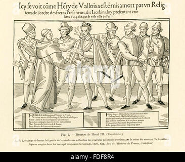 Henri III regierte Frankreich von 1574 bis zu seinem Tod 1589, und er war der letzte in der Valois-Dynastie. Ein dominikanischer Mönch namens Jacques Clement, der als ein religiöser Fanatiker gesehen wurde, ermordet Henri. Henri Navarre folgte ihm. Die folgende Abbildung zeigt Henri III von Clement zu akzeptieren, was eine geheime Botschaft sein sollte. Wie Clement die Nachricht übergibt, stößt er sein Messer in Henris Magen. Henris Begleiter töten Clement sofort. Dieser Druck ist von REC de l ' Histoire de France 1589-1590. Stockfoto