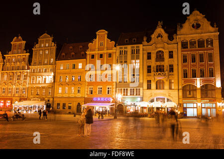 Breslau bei Nacht in Polen, Häuser am Marktplatz Altstadt historische Liegenschaft Stockfoto